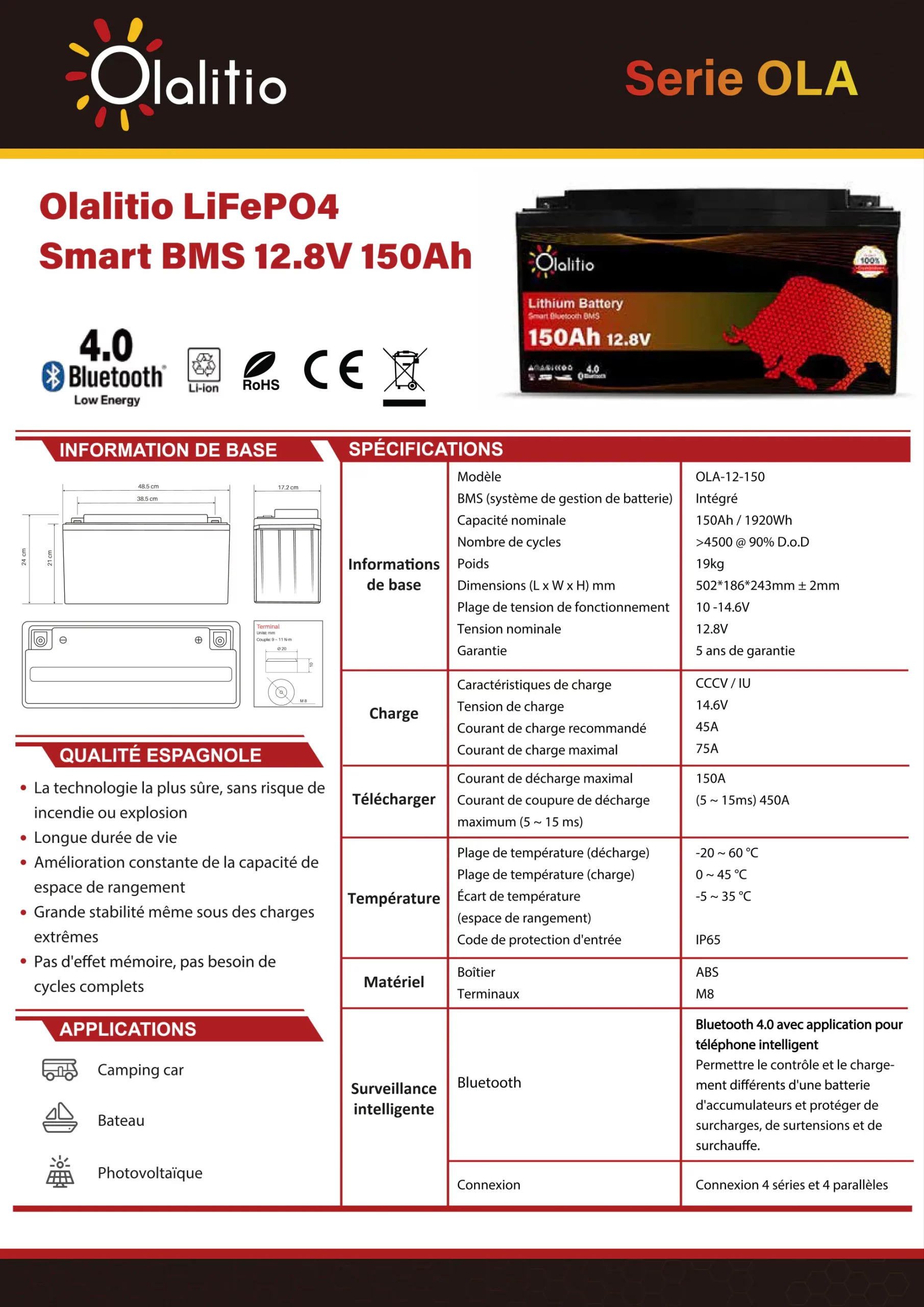 Batterie Lithium 100Ah 12V LiFePO4 sous le siège  Bluetooth-BMS-Chauffage-Olalitio – Olalitio-fr